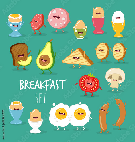 Funny breakfast set. Comic characters. Vector illustrations.