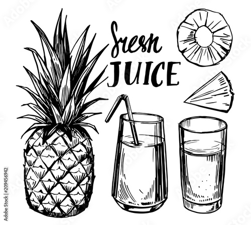 Fresh juice. Pineapple. Hand drawn sketch converted to vector