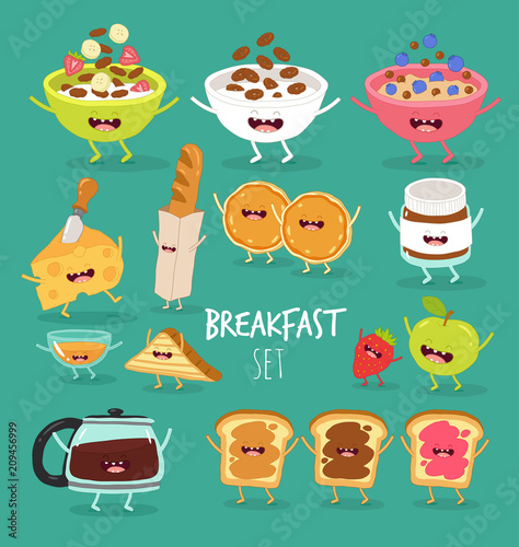 Funny breakfast set. Comic characters. Vector illustrations.