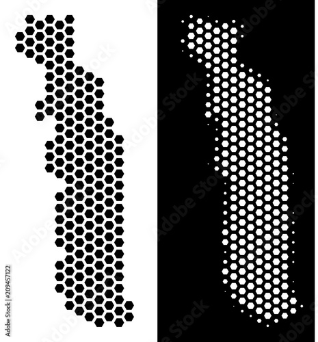 Honeycomb Togo map. Vector territory scheme in black and white versions. Abstract Togo map composition is designed with hexagon blots.