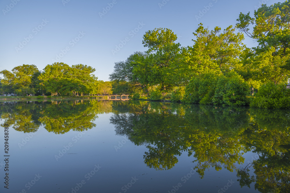 Beautiful view reflection of trees in Sunset Lake located in Asbury Park, New Jersey