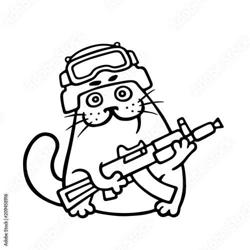 Fighting cat in helmet and with gun. Vector illustration.