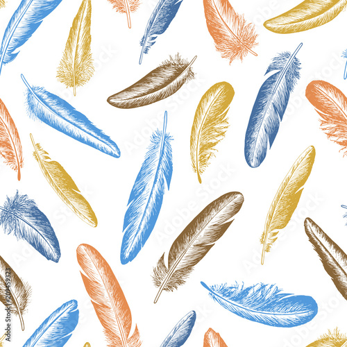 Feather natural bird seamless pattern. Hand drawn vector illustration.