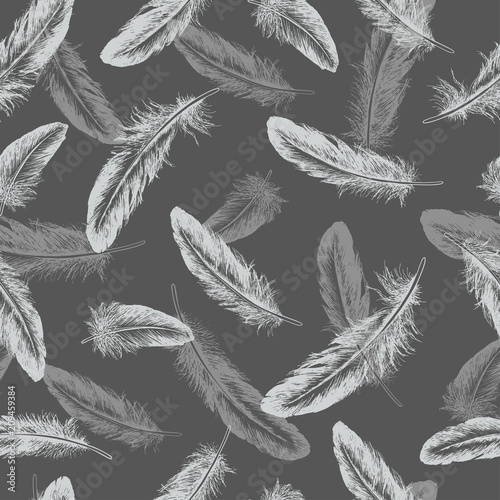 Feather natural bird seamless pattern. Hand drawn vector illustration.