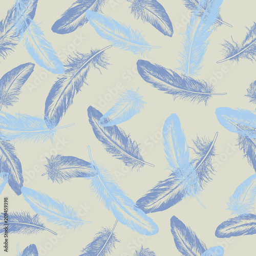 Feather natural bird seamless pattern. Hand drawn vector illustration.