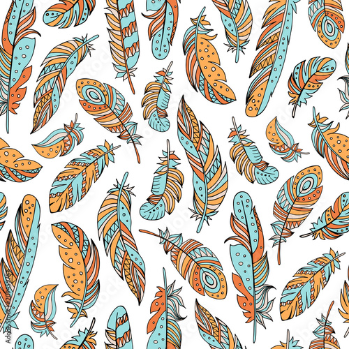Decorative feathers seamless pattern. Hand drawn vector illustration.