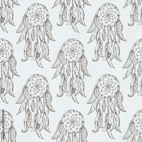 Dreamcatcher sketch seamless pattern . Hand drawn vector illustration.