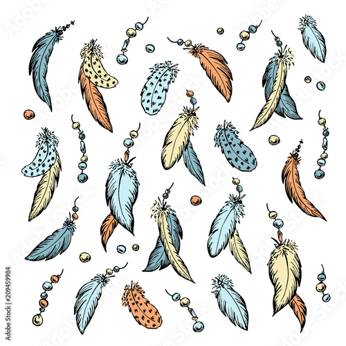 The feathers set. Hand drawn vector illustration.