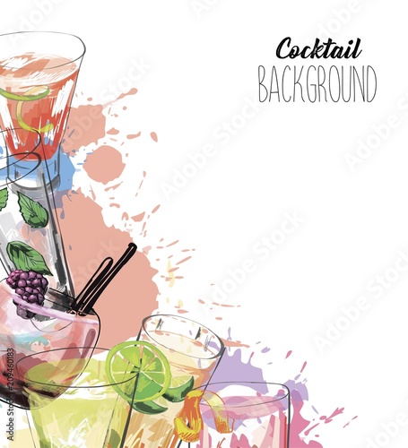 Watercolor background with alcohol drinks. Template design for menu, bar. 