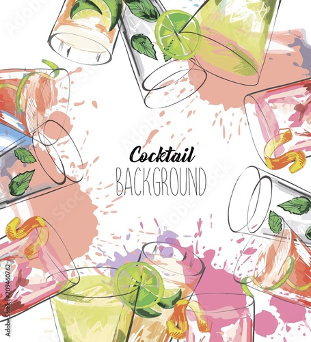 Watercolor background with alcohol drinks. Template design for menu, bar.
