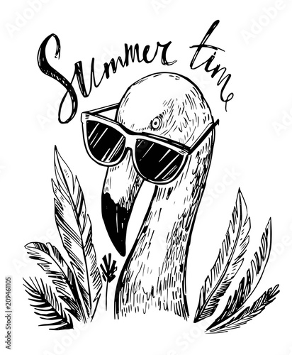 Flamingo in sunglasses with palm trees. Hand drawn sketch converted to vector.