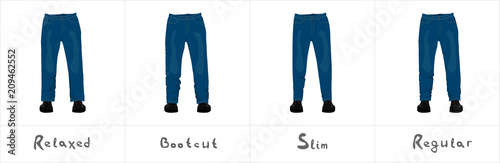 Different types of men's blue jeans with antique brass buttons and yellow threads front view isolated on white vector illustration