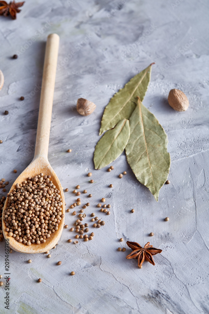 Coriander in wooden spoon with clipping path on white textured background, close-up, selective focus. Coriander in wooden spoon with clipping path on white textured background, close-up, selective focus.