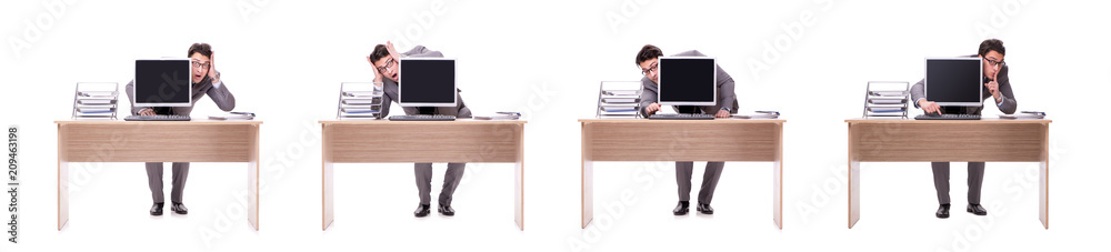 Businessman hiding in the office isolated on white Businessman hiding in the office isolated on white