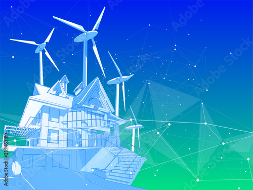 A modern house and windmills on a green background surrounded by digital networks: an illustration of a smart eco-friendly home - the concept of modern information technology smart house or smart city