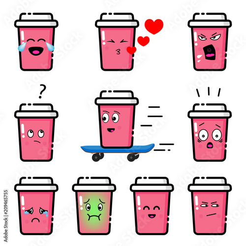 Emojis set. Pink cup with different emotions.