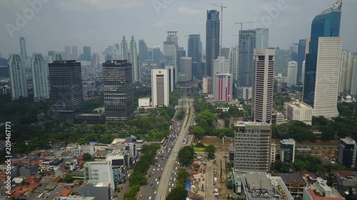 Establishing drone shot of central business district in Jakarta, Indonesia