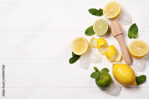 Ice, lemons, lime and a squeezer on a white table