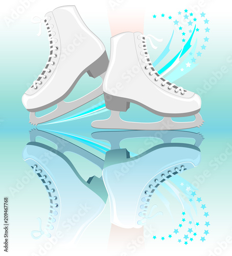 Illustration of skates on ice. Advertising and poster for the ice rink and competitions in figure skating. Vector cartoon image. 