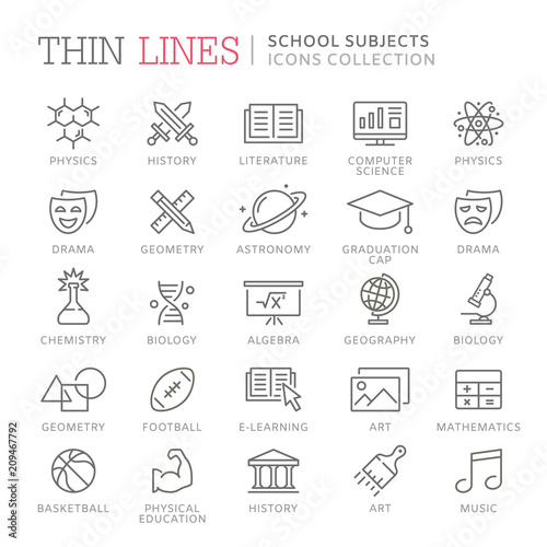 Collection of school subjects thin line icons