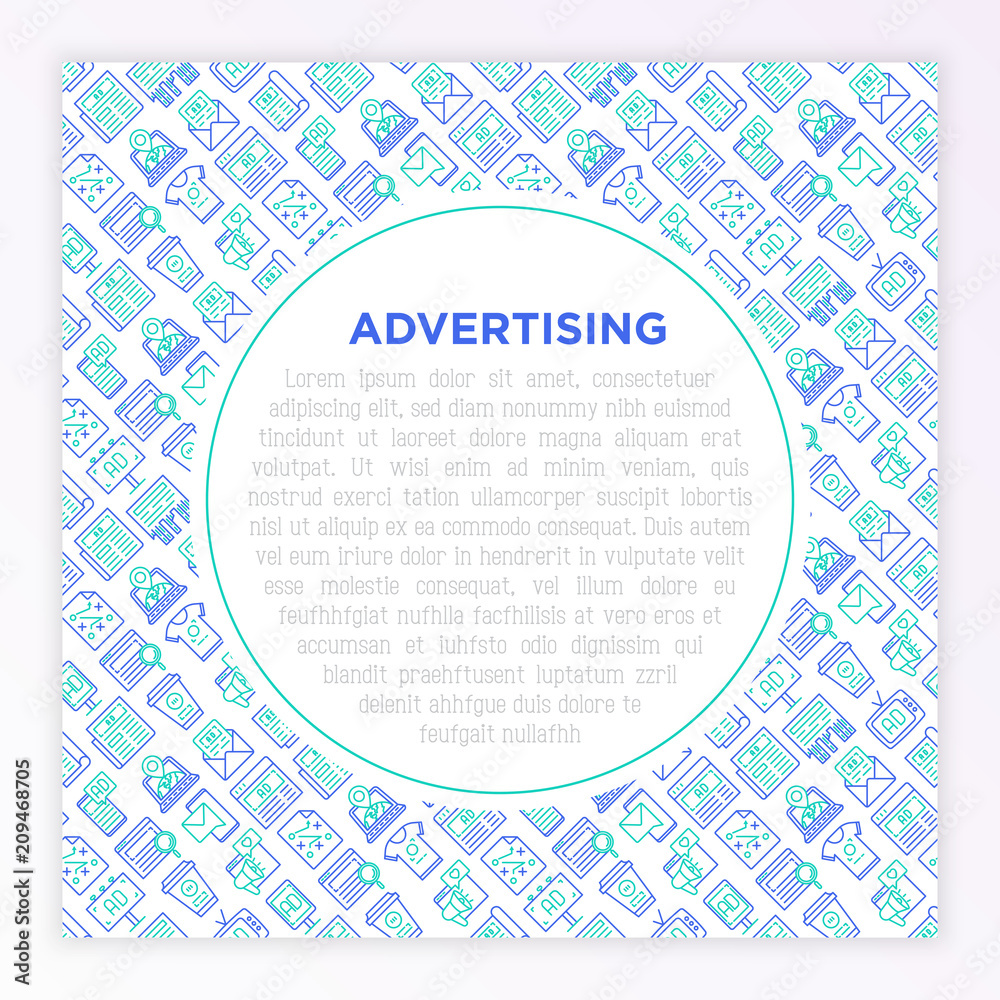 Advertising concept with thin line icons: billboard, street ads, newspaper, magazine, product promotion, email, GEO targeting, social media, strategy, banner. Vector illustration, web page template. Advertising concept with thin line icons: billboard, street ads, newspaper, magazine, product promotion, email, GEO targeting, social media, strategy, banner. Vector illustration, web page template.