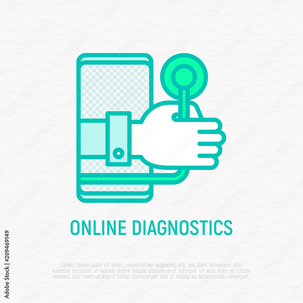 Online diagnostics thin line icon: hand with stethoscope from screen of smartphone. Modern vector illustration of online medical consultant. Online diagnostics thin line icon: hand with stethoscope from screen of smartphone. Modern vector illustration of online medical consultant.