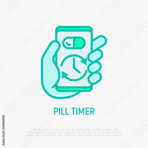 Pill timer, health mobile app thin line icon. Modern vector illustration.
