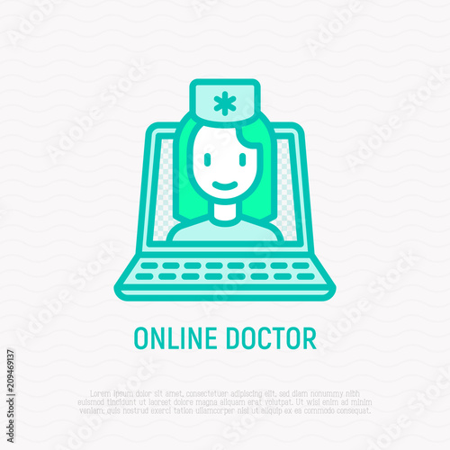 Online doctor thin line icon: doctor on screen of laptop. Modern vector illustration of online medical consultant.