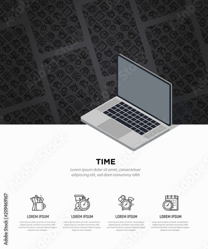 Time concept with opened laptop and thin line icons: coffee time, stopwatch, smart watch, hot time, sale, deadline, alarm, open hours, coundown. Modern vector illustration, web page template.