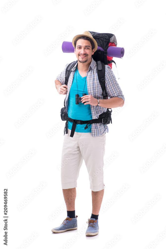 Backpacker with large backpack isolated on white