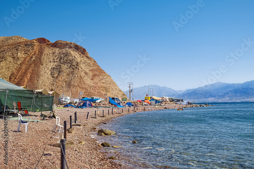 Camping at Coral Beach area of Red Sea coast in Eilat, Israel