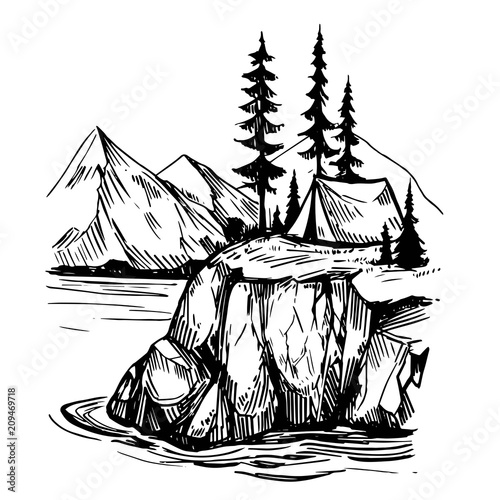 Wild natural landscape with camping tent