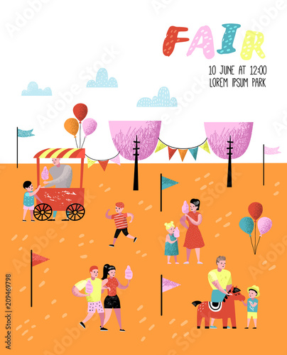 Summer Fun Fair Poster, Banner, Brochure. Amusement Park Characters with Cartoon People. Family Kids Vacation. Vector illustration