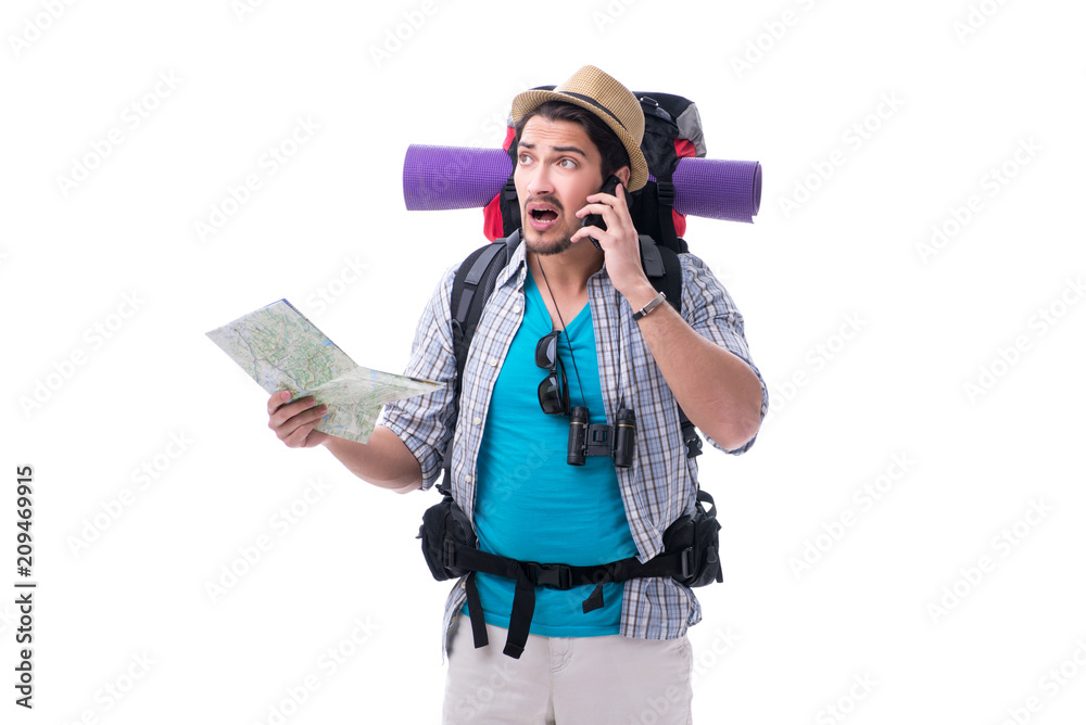 Man lost and looking for direction with map on white Man lost and looking for direction with map on white