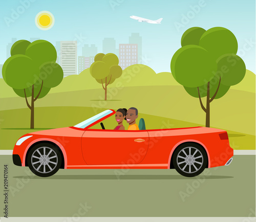 Cabriolet with couple side view.Funny  afro american family driving in red car on weekend holiday. Vector flat style illustration