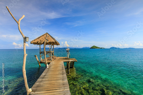 wooden bridge and cottage  on tropical sea  in  Koh Mak island  Trat province Thailand