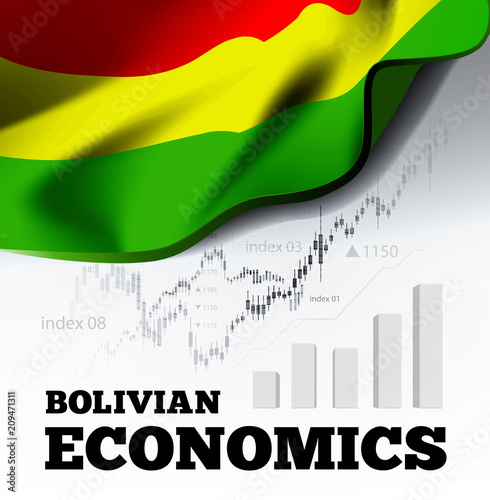 Bolvian economics vector illustration with bolivia flag and business chart, bar chart stock numbers bull market, uptrend line graph symbolizes the growth