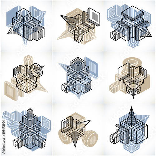 Different engineering constructions collection, abstract vectors set.