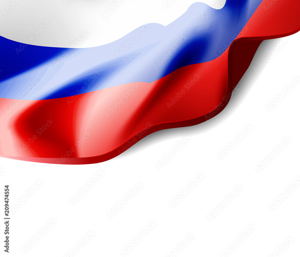 Naklejka premium Waving flag of Russia close-up with shadow on white background. illustration with copy space