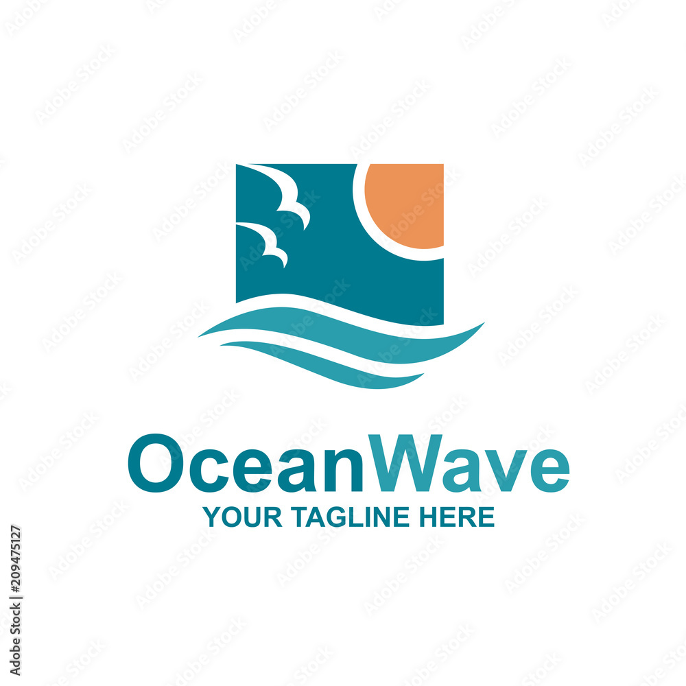 Naklejka premium emblemat oceanu z falami, słońcem i mewami
