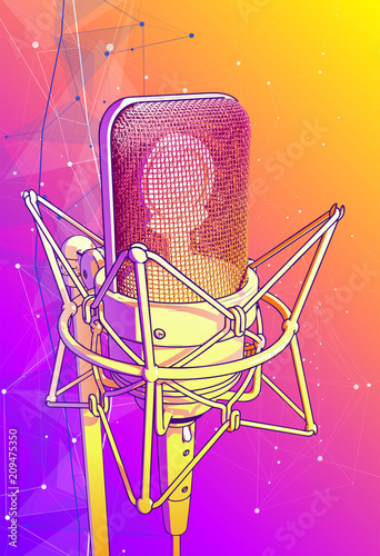 Violet microphone on a bright multi-colored background - vector image. A glossy metal microphone pink-blue is surrounded by a minimalistic digital sound wave