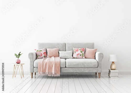 Interior wall mock up with gray sofa, bright pillows, pink plaid, pineapple lamp and plant in vase in living room with empty white wall. 3D rendering.