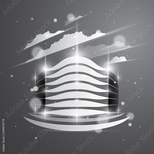 Office building, modern architecture vector illustration with blurred lights and glares effect. Real estate realty business center grey monochrome design. 3D futuristic facade in big city.
