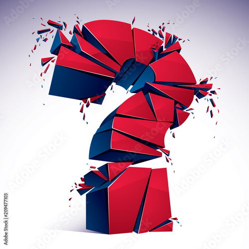 Broken Question Mark exploding, Query breaking to pieces, vector 3d realistic illustration. Special character conceptual symbol, doubt, difficulty, FAQ and support concept.