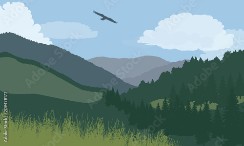 Illustration of mountain landscape with forest and meadow, under blue sky with clouds and flying bird