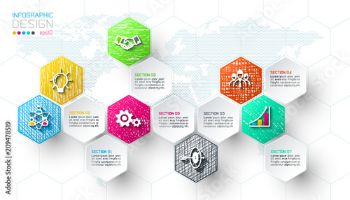 Business hexagon net labels shape infographic bar.