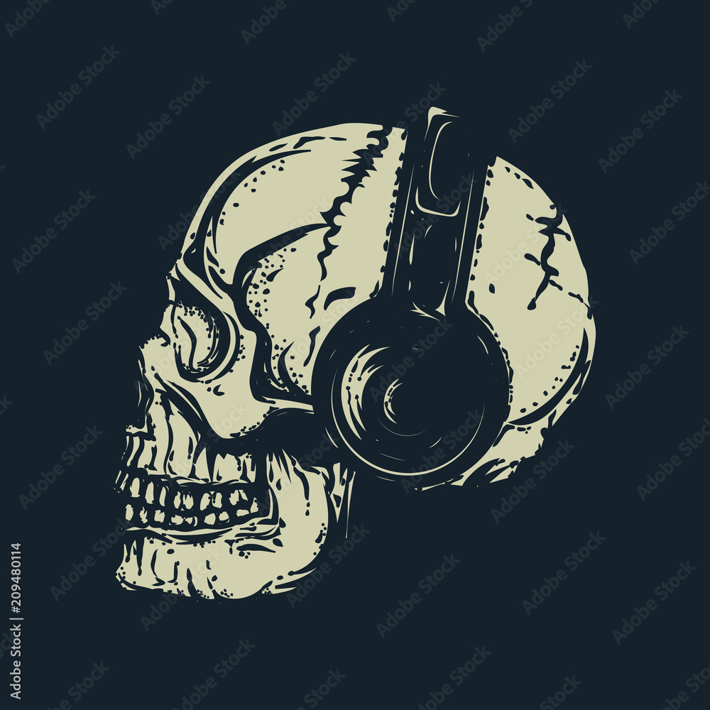 Skull with headphones. Dead head.