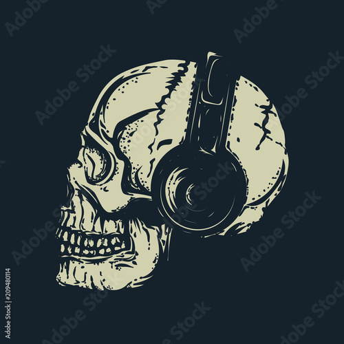 Skull with headphones. Dead head.