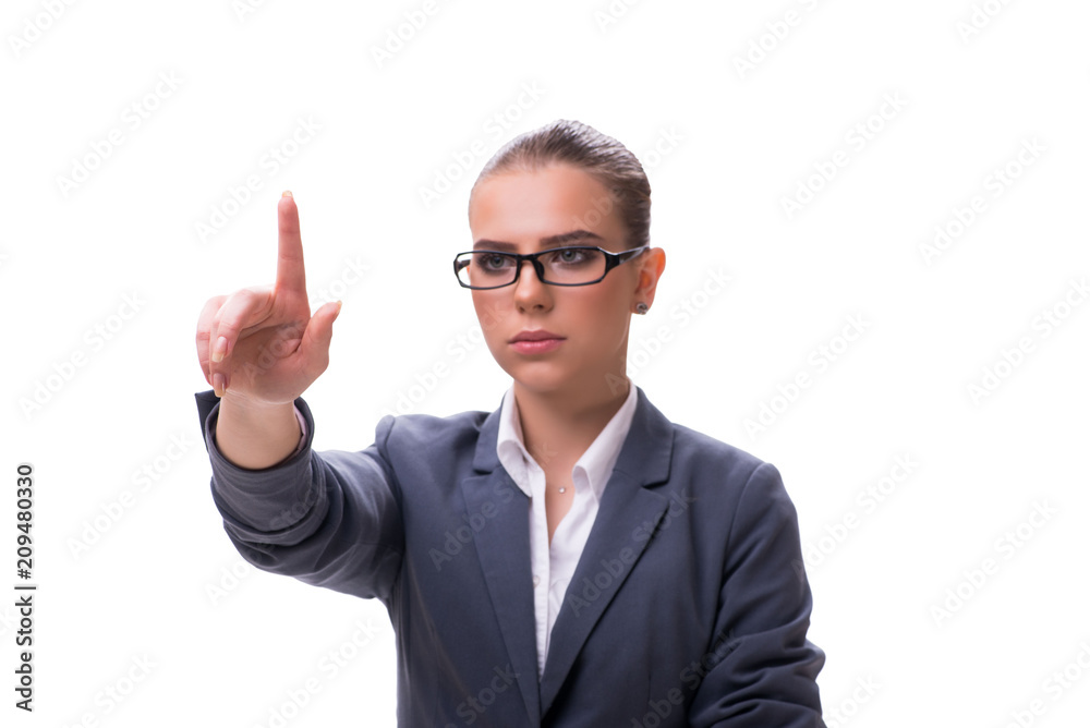 Young businesswoman pressing virtual button on white Young businesswoman pressing virtual button on white