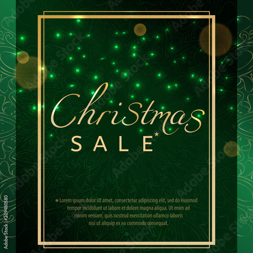 Christmas sale vector template for store design. Dark green background with lights.
